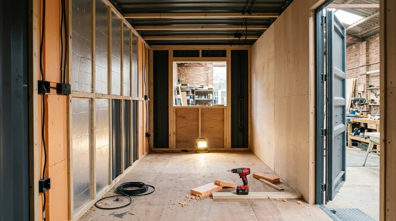 Shipping container part way through conversion, with insulation between timber battens on one wall and plywood lining on the other