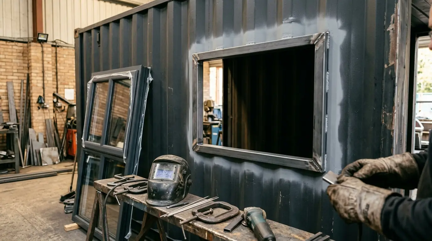 Window opening cut into the corrugated steel wall of a shipping container, with a welded steel frame and a double-glazed window ready to fit