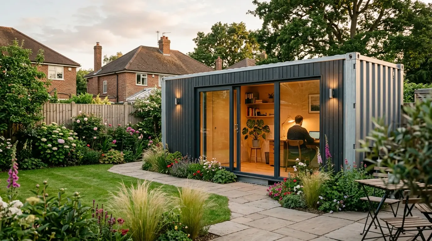 Timber-clad shipping container garden office at the end of an English back garden at golden hour, with glazed sliding doors and a desk inside