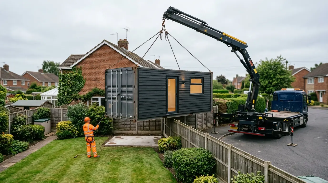 HIAB crane lorry lifting a finished container garden office over a back garden fence onto concrete pads