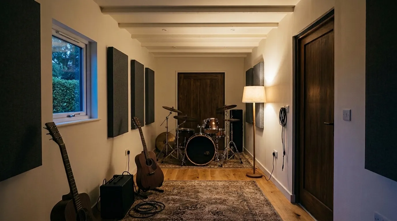 A long, narrow music practice room in the evening with a drum kit at the far end, fabric acoustic panels on the walls, a closed solid door and a small double-glazed window