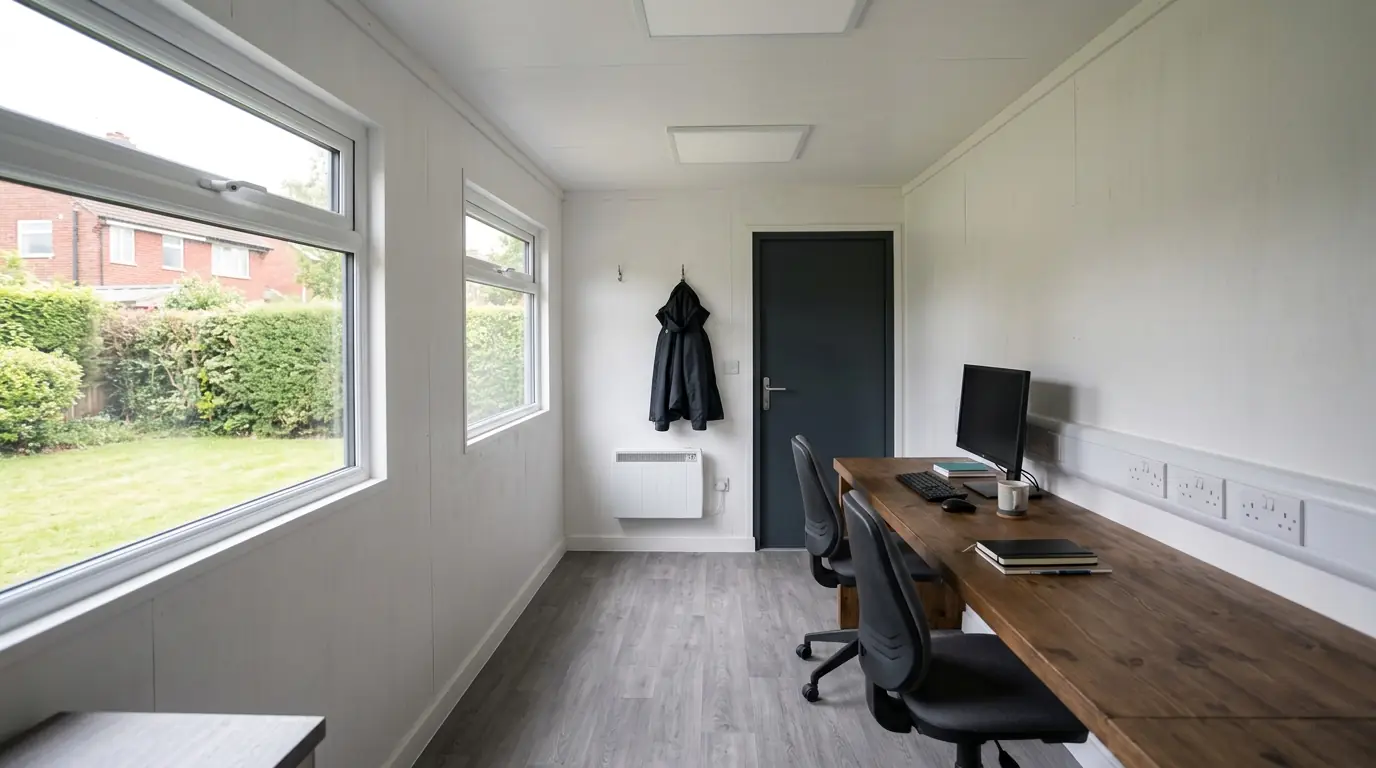 Finished shipping container office conversion with white lined walls, grey vinyl flooring, a long desk, double sockets and a wall heater