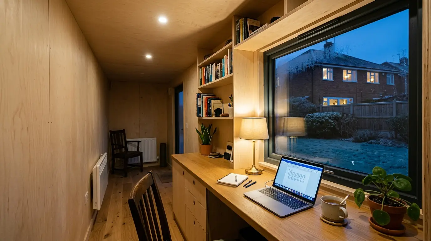 Inside an insulated container garden office on a winter evening, with plywood-lined walls, a panel heater and a desk by the window