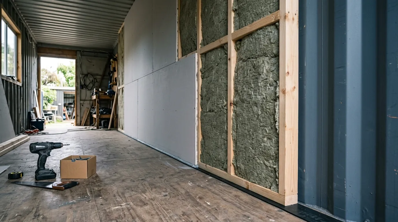 Inside a container being converted: a separate timber stud frame filled with mineral wool, with plasterboard going on, next to the bare corrugated steel wall