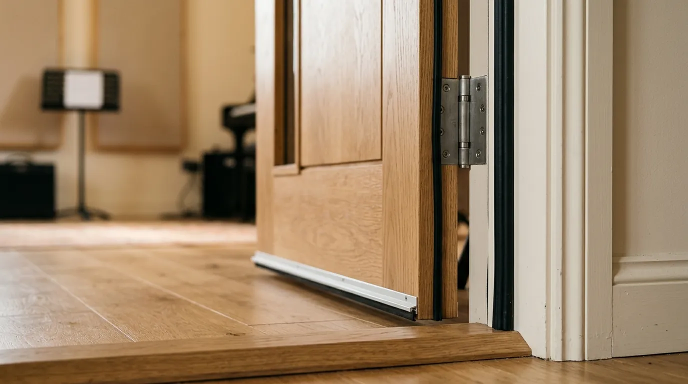 The thick edge of a solid timber door with a black rubber seal round the frame and an aluminium drop seal along the bottom, over a timber threshold