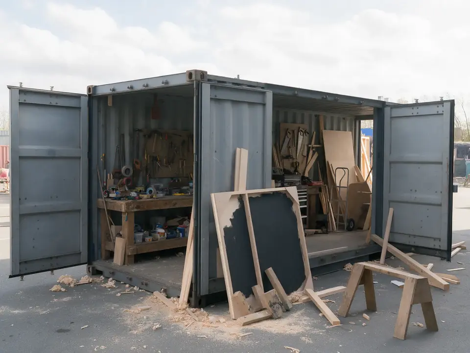 Illustration: a container opened up as a workshop with a workbench and tools, a scenic flat leaning outside