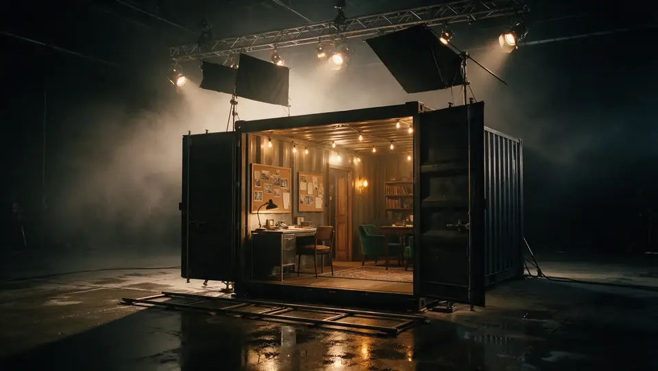 Illustration: a black shipping container dressed as a period office set, lit on a dark soundstage with a dolly track in front