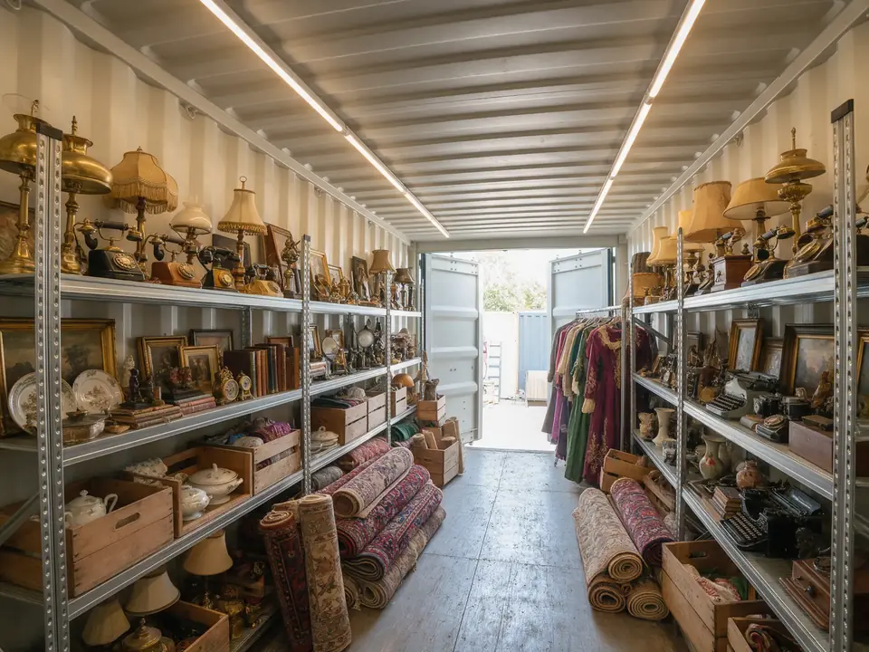 Illustration: the inside of a container fitted out as a prop store, with shelves of lamps, telephones, paintings and rugs