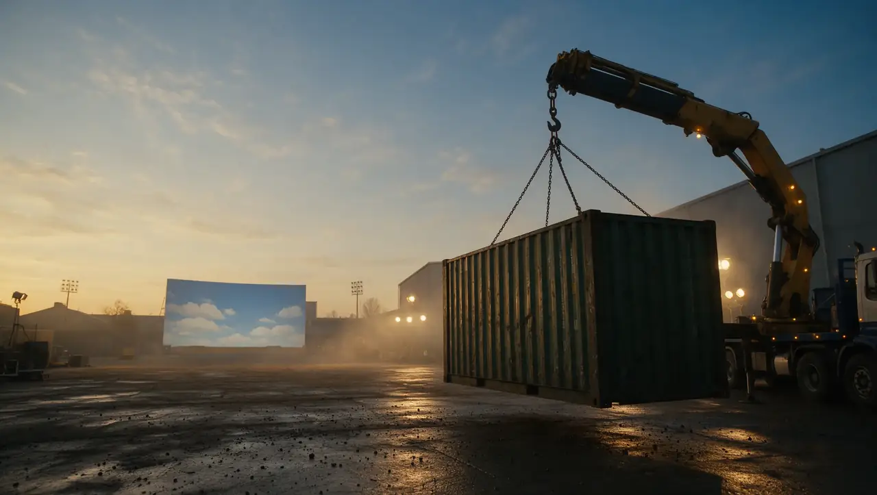 Illustration: a container swinging from a lorry crane over a film studio backlot at dusk, film lights glowing behind