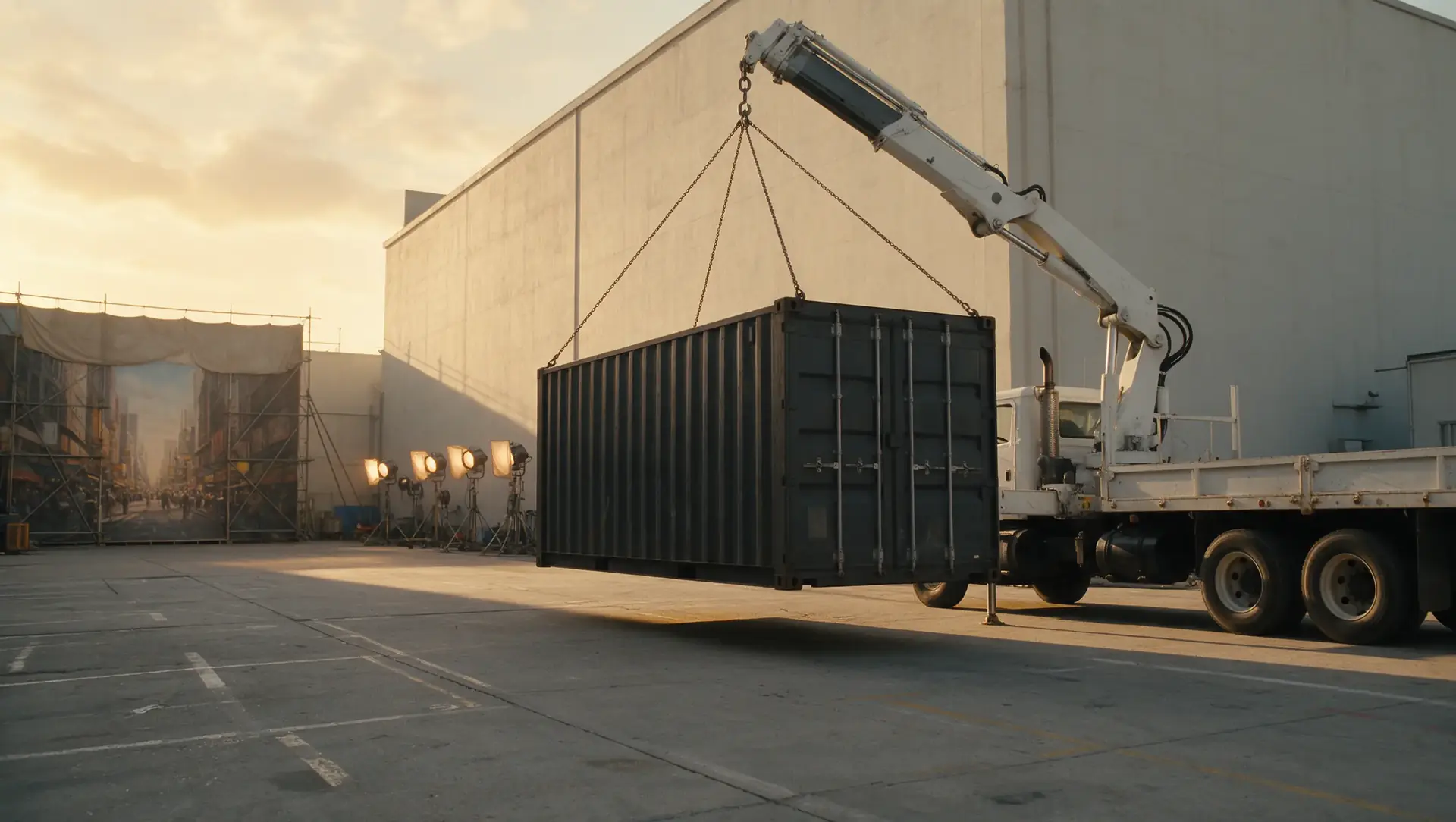 Illustration: a black shipping container lowered by a lorry-mounted crane onto a film studio backlot at golden hour, with film lights and a painted backdrop behind