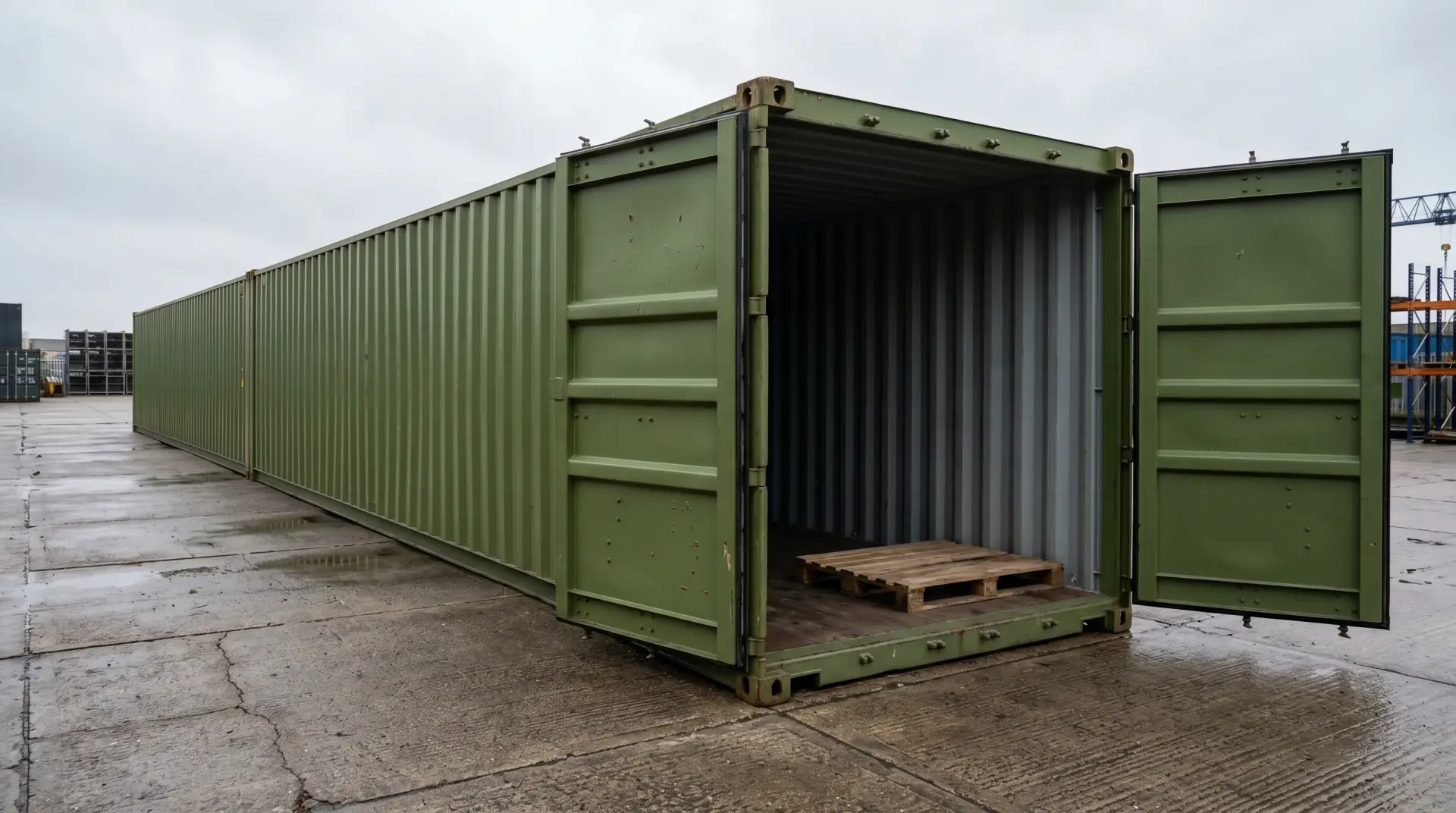 Used 40ft high cube shipping container in a depot yard