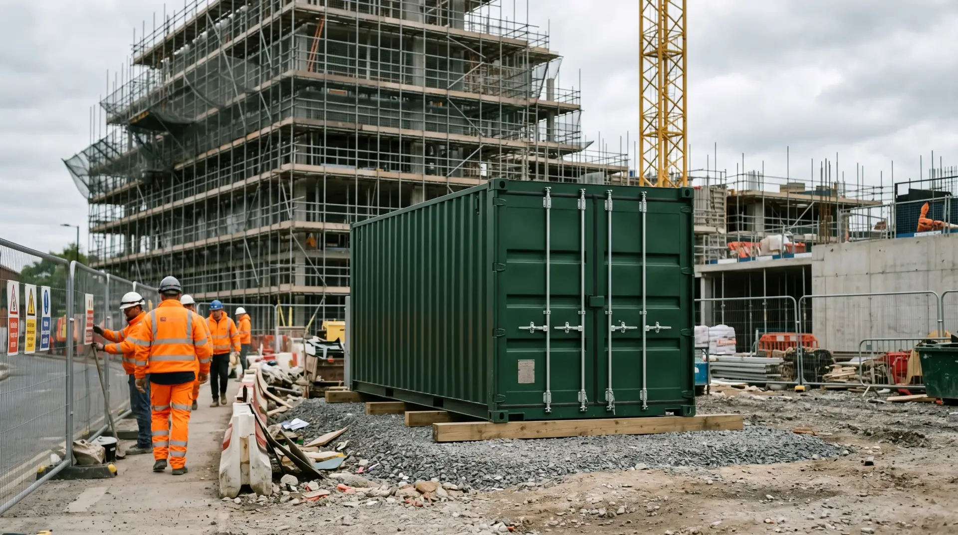 Shipping container on hire at a construction site