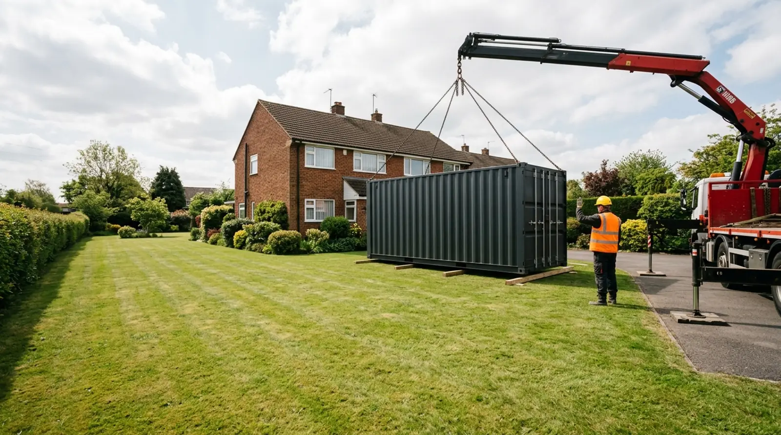 A shipping container being lowered by a lorry-mounted HIAB crane into the garden of a UK home