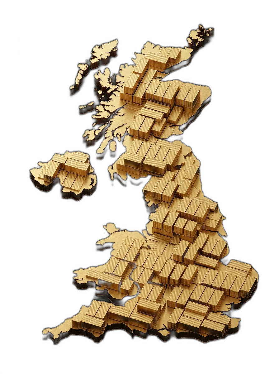 Map of the UK built from gold shipping containers — nationwide container delivery